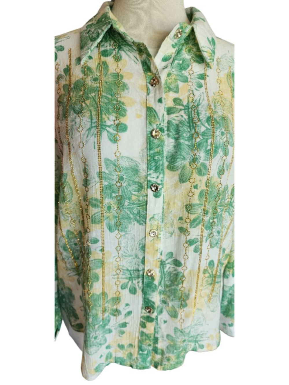 Ana & Rose Green Floral Button Down Shirt Women's L Gold Embellished Blouse - Picture 2 of 13